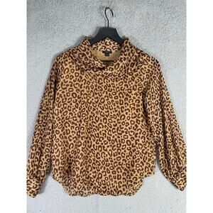 Ann Taylor Petite SP Leopard Blouse Long‎ Sleeve Tie Neck Animal Print Top